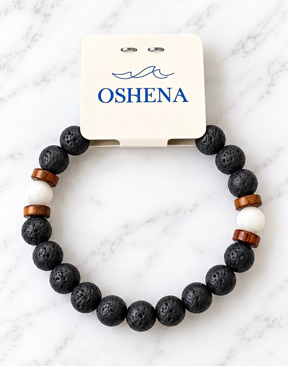 Oshena Lava Stone White Bead & Wood Stretch Bracelet New With Tags